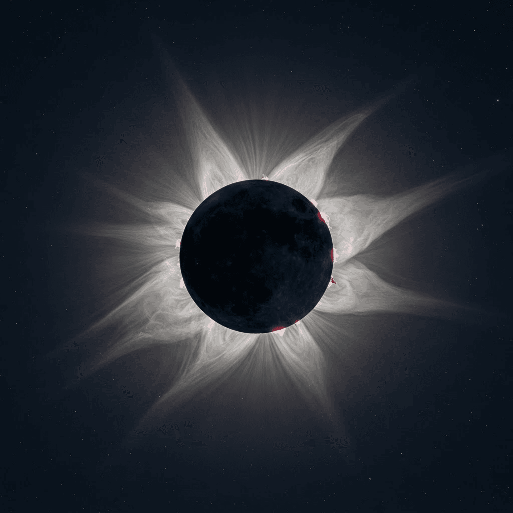 Total solar eclipse — Bailey's beads and solar flares visible around the moon