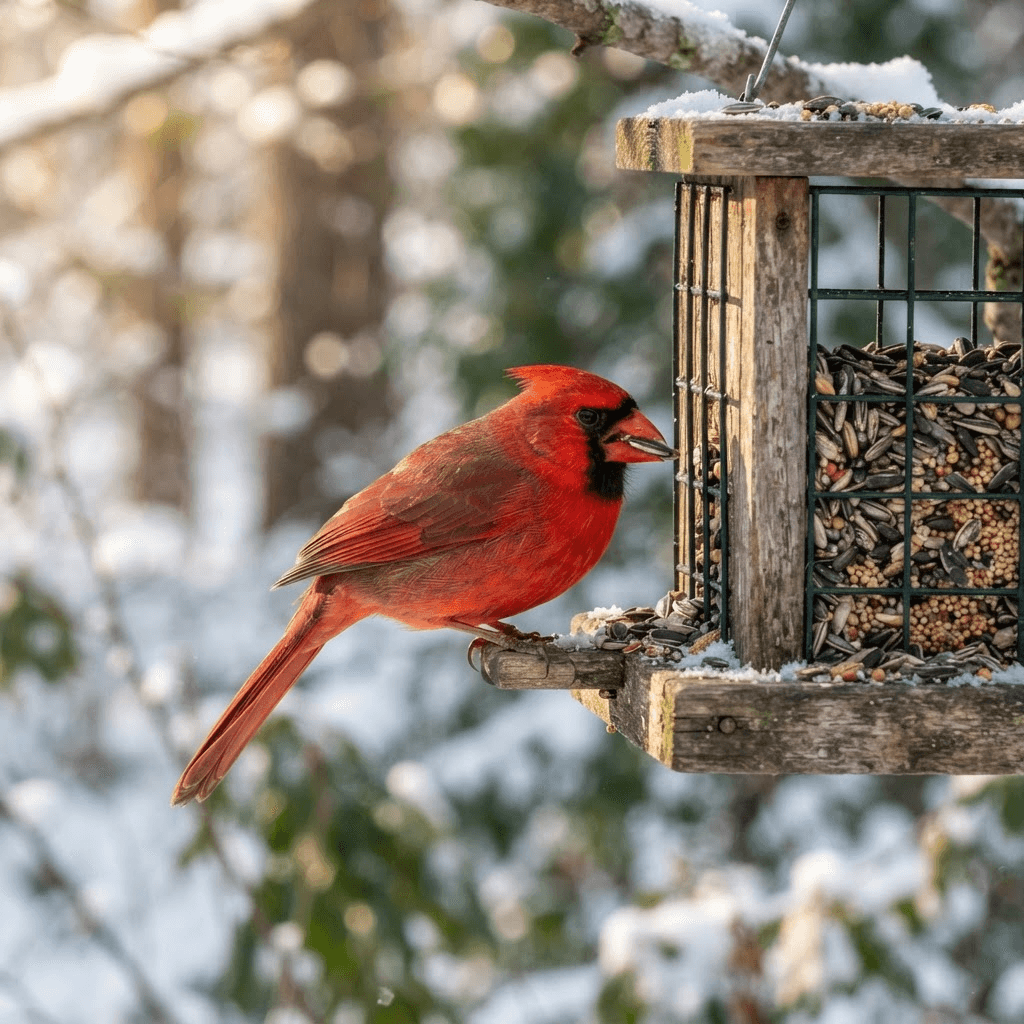 Male cardinal at backyard feeder