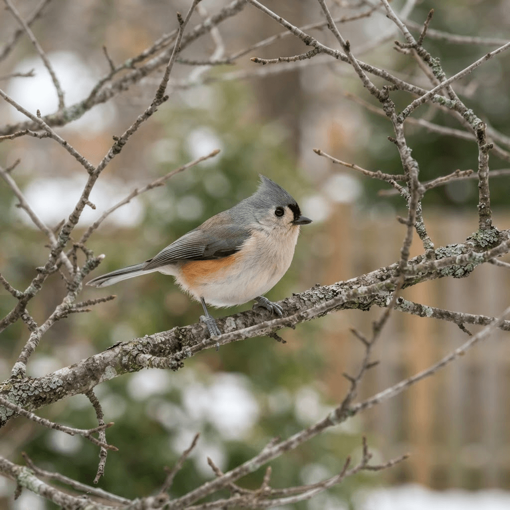 Tufted titmouse in backyard tree