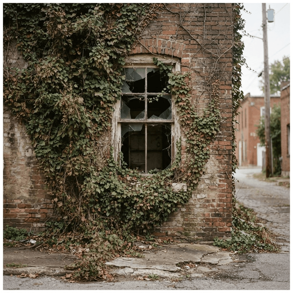 Ivy on a wall with a broken window — quiet ruin in Frankfort KY