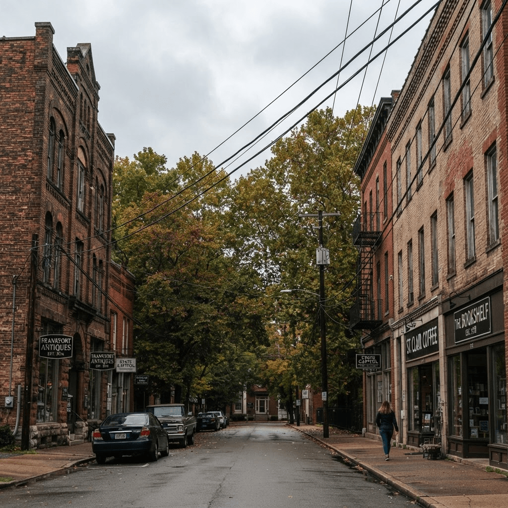 Street in Frankfort, KY — trees between buildings with a power line